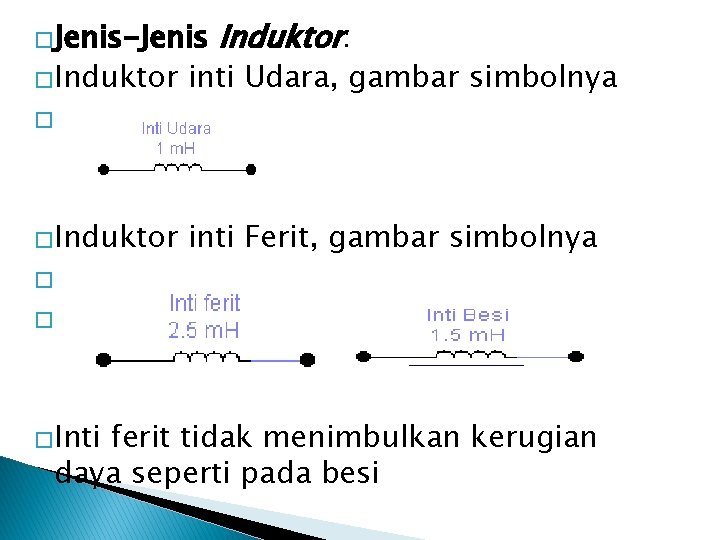 �Jenis-Jenis Induktor: �Induktor inti Udara, gambar simbolnya �Induktor inti Ferit, gambar simbolnya � �Inti