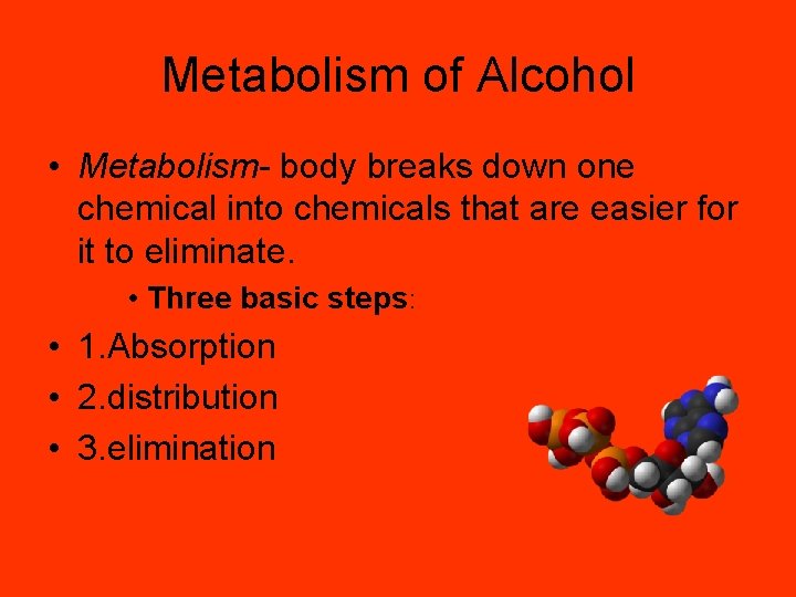 Metabolism of Alcohol • Metabolism- body breaks down one chemical into chemicals that are