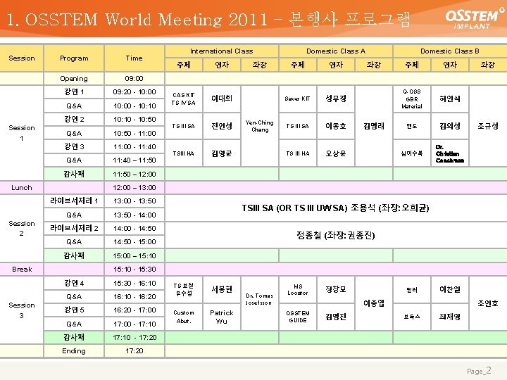 1. OSSTEM World Meeting 2011 – 본행사 프로그램 Session 1 Program Time Opening 09: