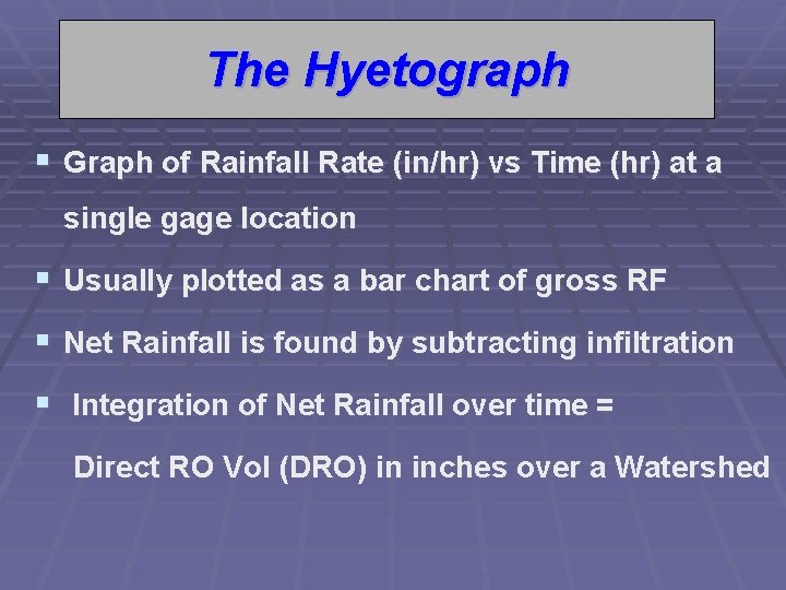 The Hyetograph § Graph of Rainfall Rate (in/hr) vs Time (hr) at a single