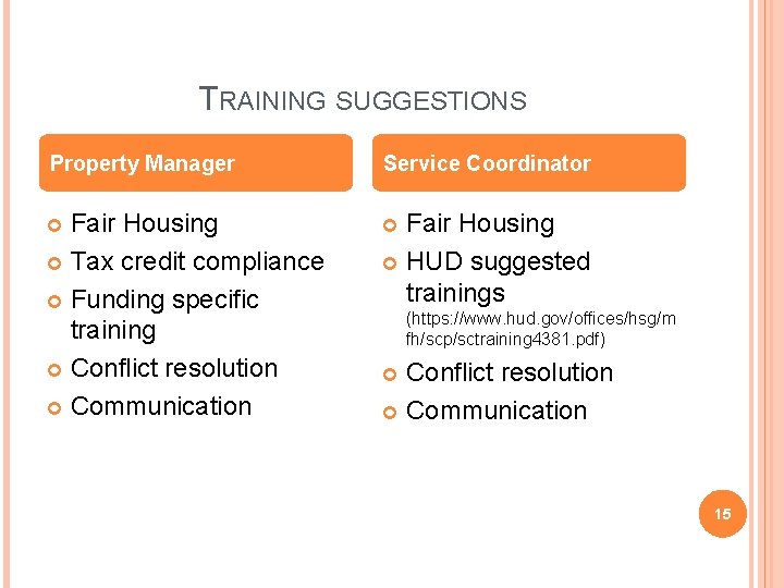 TRAINING SUGGESTIONS Property Manager Service Coordinator Fair Housing Tax credit compliance Funding specific training