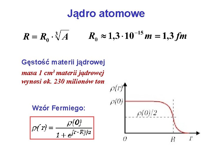 Jądro atomowe Gęstość materii jądrowej masa 1 cm 3 materii jądrowej wynosi ok. 230