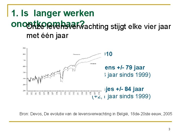 1. Is langer werken onontkoombaar? v Onze levensverwachting stijgt elke vier jaar met één