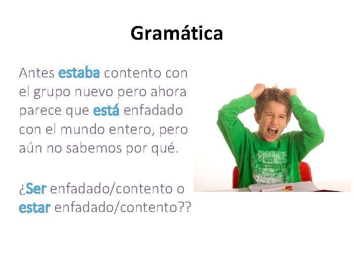 Gramática Antes estaba contento con el grupo nuevo pero ahora parece que está enfadado