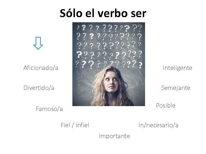 Sólo el verbo ser Inteligente Aficionado/a <Graphic> Divertido/a Semejante Posible Famoso/a Fiel / infiel