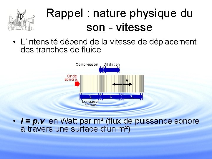 Rappel : nature physique du son - vitesse • L’intensité dépend de la vitesse