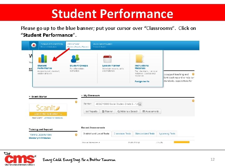 Student Performance Please go up to the blue banner; put your cursor over “Classrooms”.