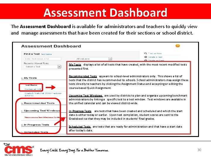 Assessment Dashboard The Assessment Dashboard is available for administrators and teachers to quickly view