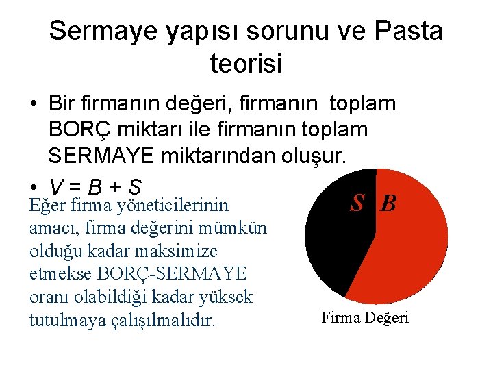 Sermaye yapısı sorunu ve Pasta teorisi • Bir firmanın değeri, firmanın toplam BORÇ miktarı