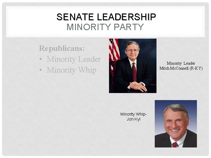 SENATE LEADERSHIP MINORITY PARTY Republicans: • Minority Leader • Minority Whip Minority Leader Mitch