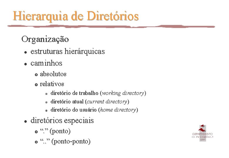 Hierarquia de Diretórios Organização l l estruturas hierárquicas caminhos absolutos £ relativos £ ¤