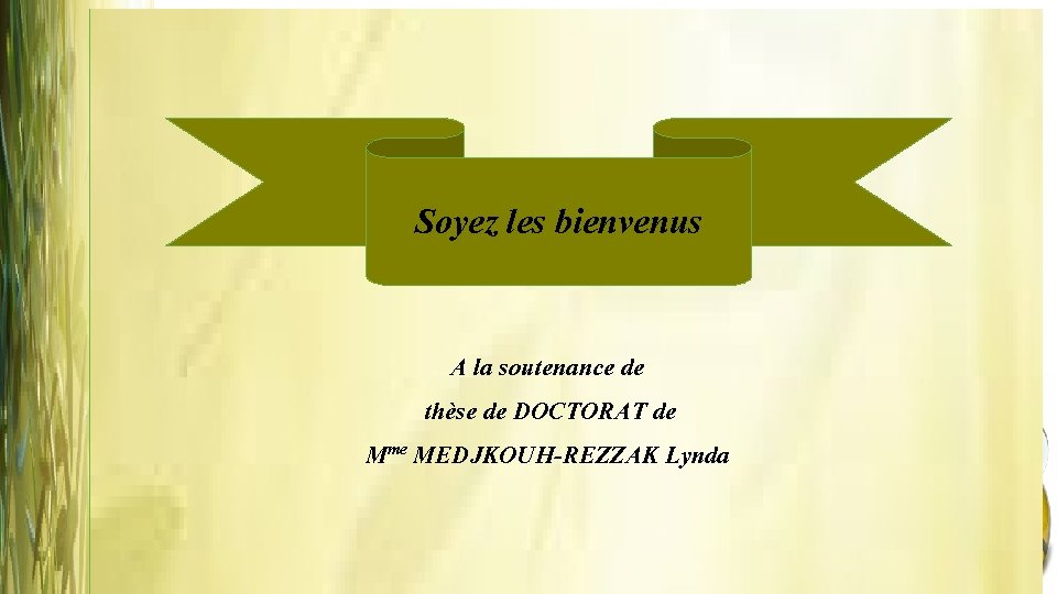 Soyez les bienvenus A la soutenance de thèse de DOCTORAT de Mme MEDJKOUH-REZZAK Lynda