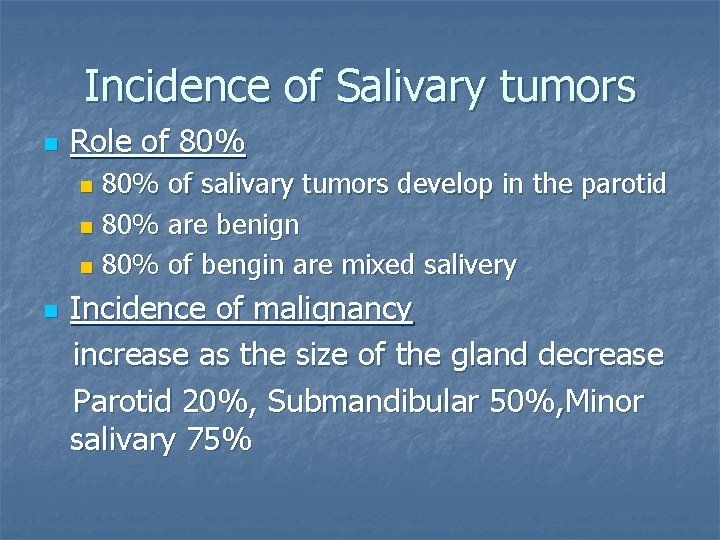 Incidence of Salivary tumors n Role of 80% of salivary tumors develop in the