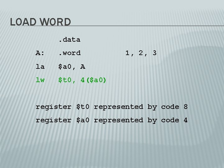 LOAD WORD. data A: . word la $a 0, A lw $t 0, 4($a