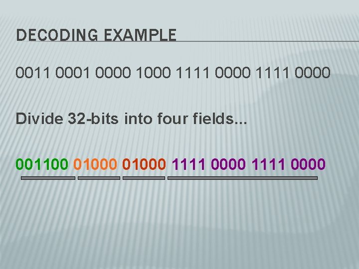 DECODING EXAMPLE 0011 0000 1000 1111 0000 Divide 32 -bits into four fields. .