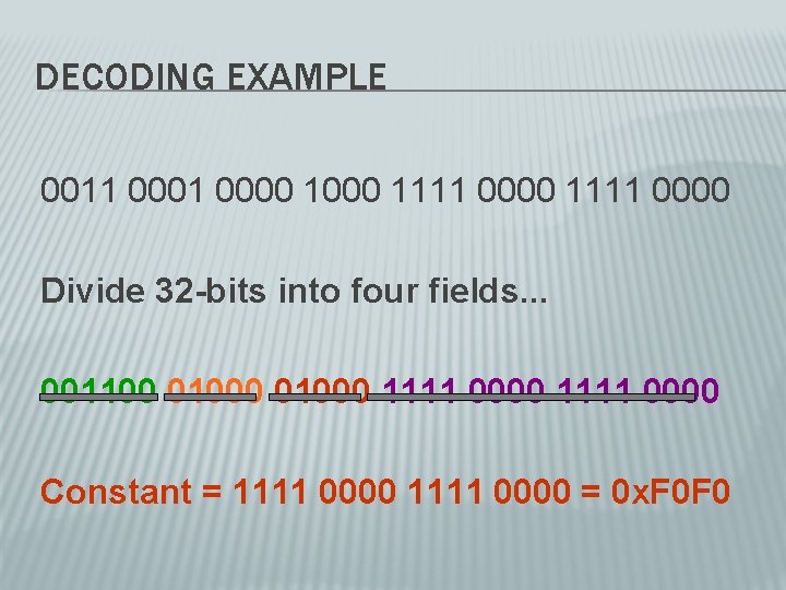 DECODING EXAMPLE 0011 0000 1000 1111 0000 Divide 32 -bits into four fields. .