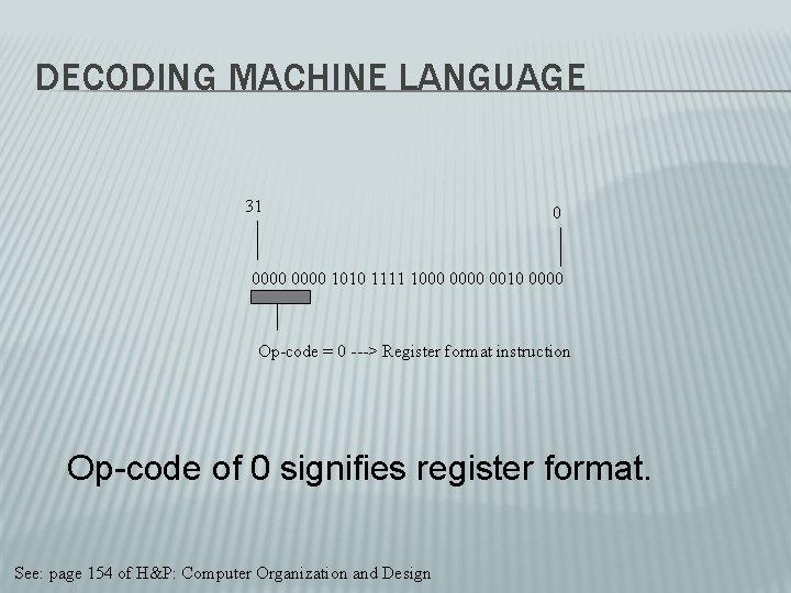 DECODING MACHINE LANGUAGE 31 0 0000 1010 1111 1000 0010 0000 Op-code = 0