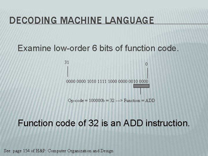 DECODING MACHINE LANGUAGE Examine low-order 6 bits of function code. 31 0 0000 1010