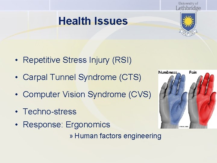 Health Issues • Repetitive Stress Injury (RSI) • Carpal Tunnel Syndrome (CTS) • Computer