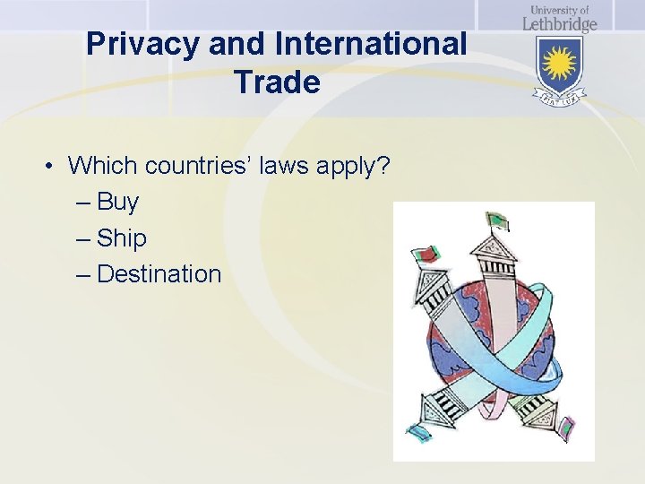 Privacy and International Trade • Which countries’ laws apply? – Buy – Ship –