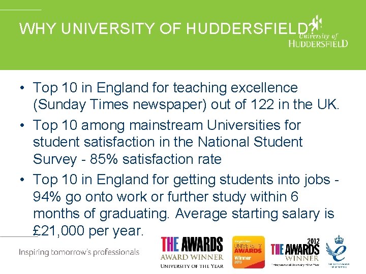 WHY UNIVERSITY OF HUDDERSFIELD? • Top 10 in England for teaching excellence (Sunday Times