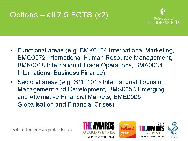 Options – all 7. 5 ECTS (x 2) • Functional areas (e. g. BMK