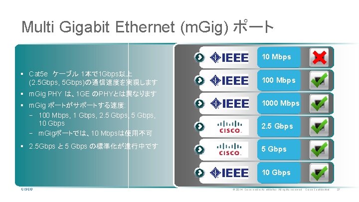 Multi Gigabit Ethernet (m. Gig) ポート 10 Mbps § Cat 5 e　ケーブル 1本で 1