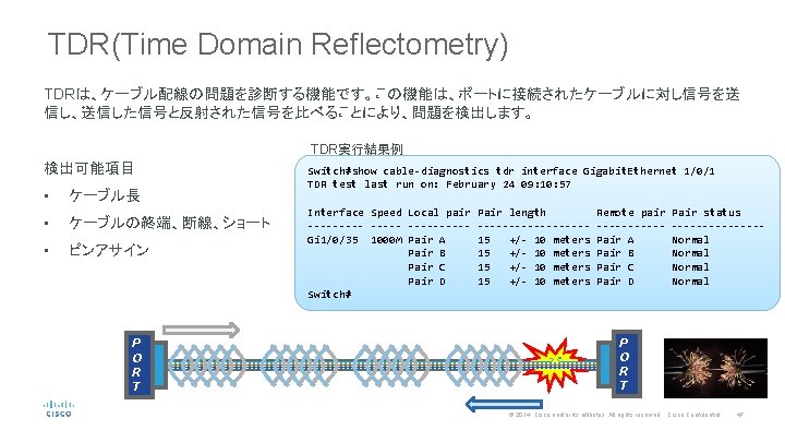 TDR(Time Domain Reflectometry) TDRは、ケーブル配線の問題を診断する機能です。この機能は、ポートに接続されたケーブルに対し信号を送 信し、送信した信号と反射された信号を比べることにより、問題を検出します。 TDR実行結果例 検出可能項目 • ケーブル長 • ケーブルの終端、断線、ショート • ピンアサイン P