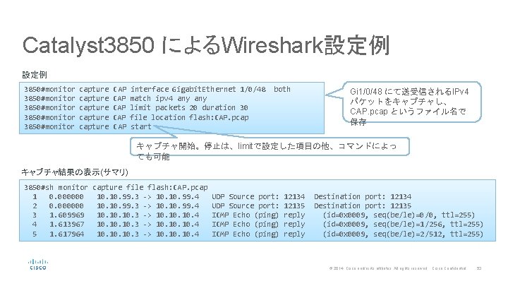 Catalyst 3850 によるWireshark設定例 3850#monitor capture CAP interface Gigabit. Ethernet 1/0/48 both 3850#monitor capture CAP