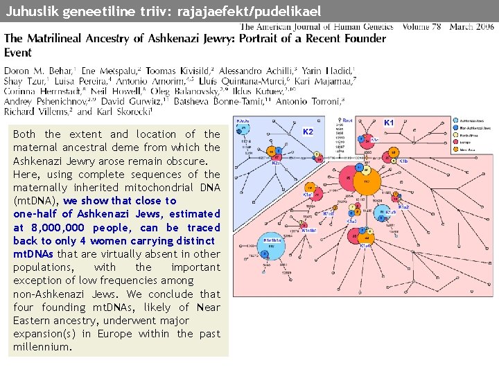 Juhuslik geneetiline triiv: rajajaefekt/pudelikael Both the extent and location of the maternal ancestral deme