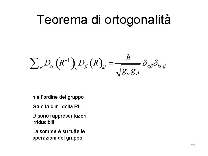Teorema di ortogonalità h è l’ordine del gruppo Gα è la dim. della RI