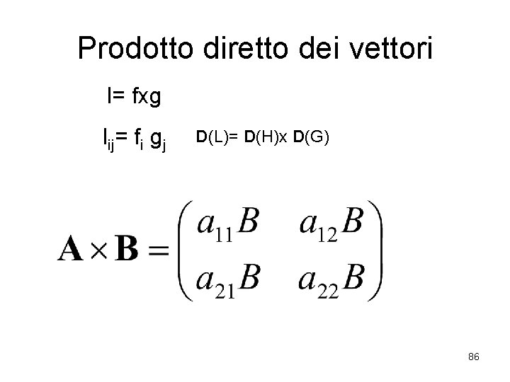 Prodotto diretto dei vettori l= fxg lij= fi gj D(L)= D(H)x D(G) 86 