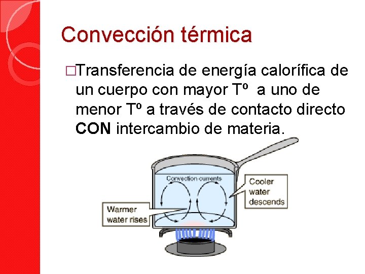 Convección térmica �Transferencia de energía calorífica de un cuerpo con mayor Tº a uno