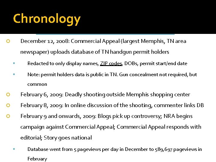 Chronology December 12, 2008: Commercial Appeal (largest Memphis, TN area newspaper) uploads database of