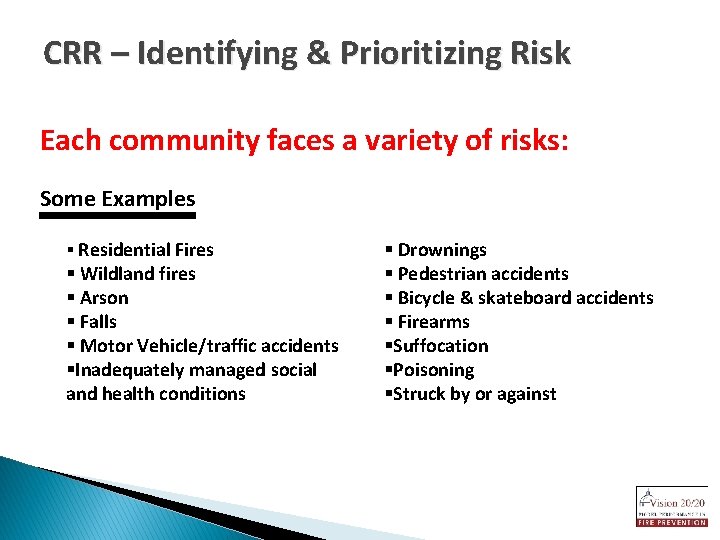 CRR – Identifying & Prioritizing Risk Each community faces a variety of risks: Some