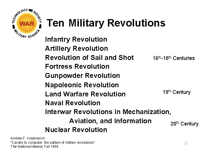 Ten Military Revolutions Infantry Revolution Artillery Revolution of Sail and Shot 16 th-18 th