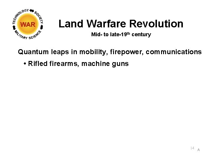 Land Warfare Revolution Mid- to late-19 th century Quantum leaps in mobility, firepower, communications