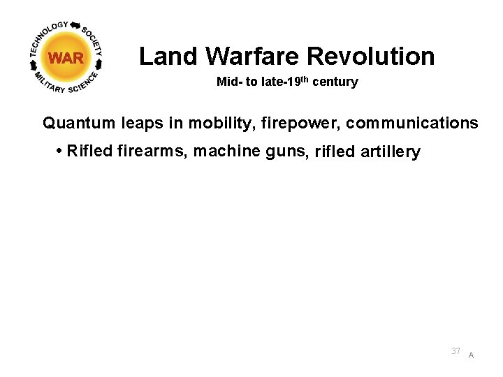 Land Warfare Revolution Mid- to late-19 th century Quantum leaps in mobility, firepower, communications