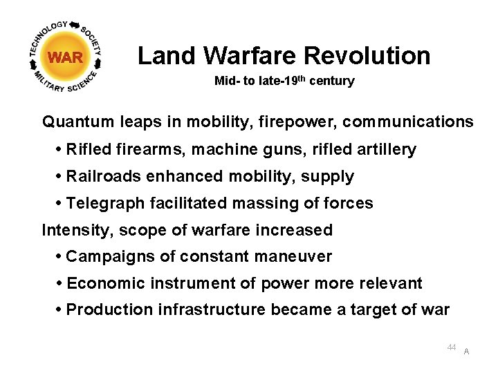 Land Warfare Revolution Mid- to late-19 th century Quantum leaps in mobility, firepower, communications