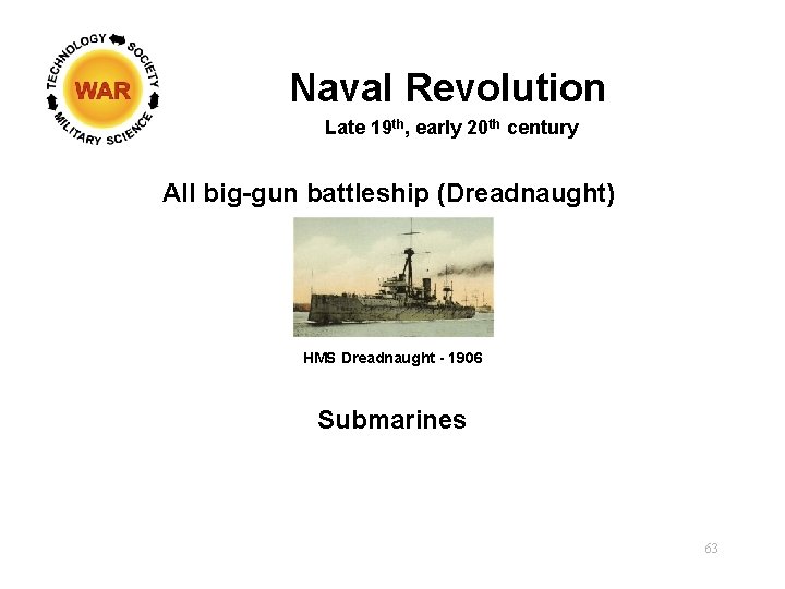 Naval Revolution Late 19 th, early 20 th century All big-gun battleship (Dreadnaught) HMS