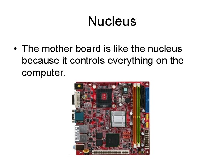 Nucleus • The mother board is like the nucleus because it controls everything on