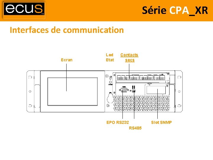 Série CPA_XR Interfaces de communication Ecran Led Etat Contacts secs EPO RS 232 Slot