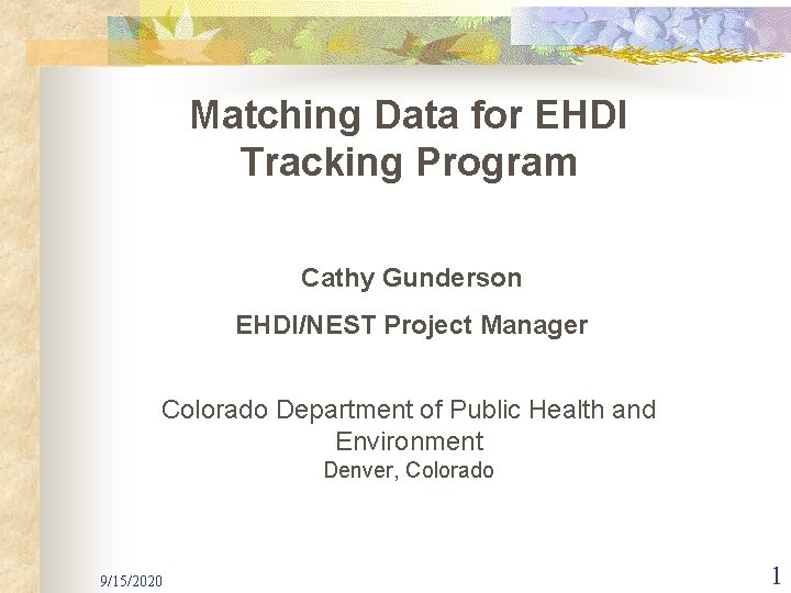 Matching Data for EHDI Tracking Program Cathy Gunderson EHDI/NEST Project Manager Colorado Department of