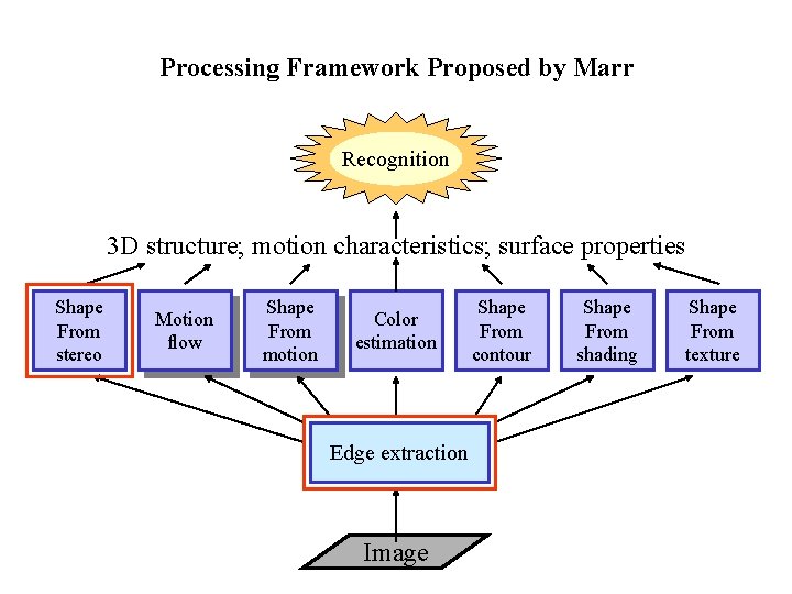 Processing Framework Proposed by Marr Recognition 3 D structure; motion characteristics; surface properties Shape