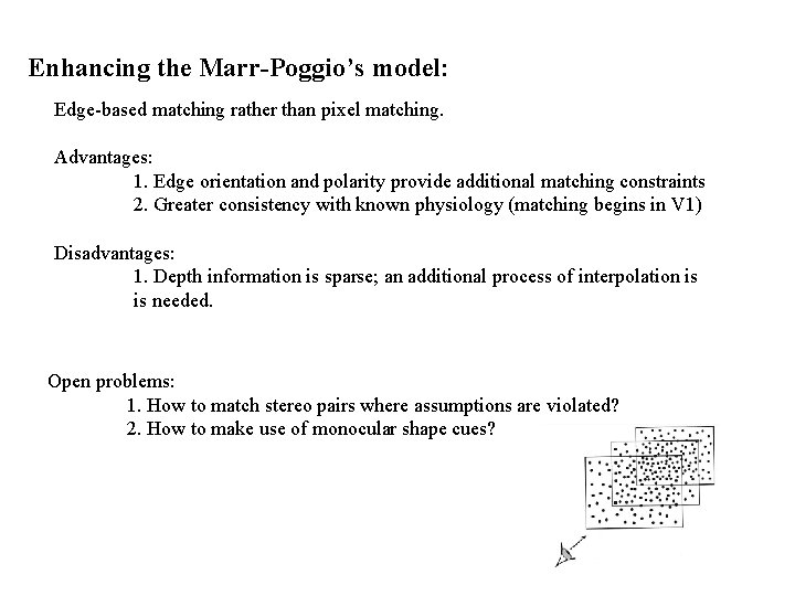 Enhancing the Marr-Poggio’s model: Edge-based matching rather than pixel matching. Advantages: 1. Edge orientation