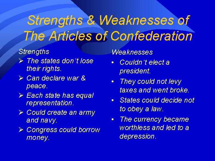 Strengths & Weaknesses of The Articles of Confederation Strengths Ø The states don’t lose