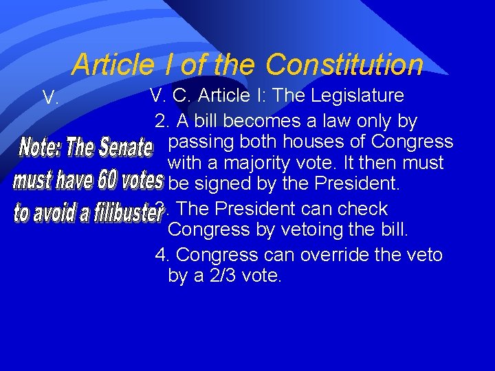 Article I of the Constitution V. C. Article I: The Legislature 2. A bill