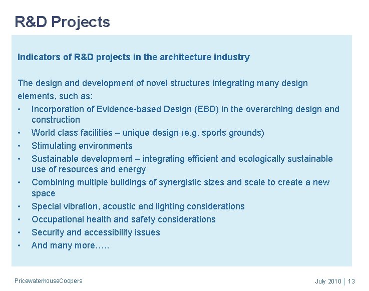 R&D Projects Indicators of R&D projects in the architecture industry The design and development