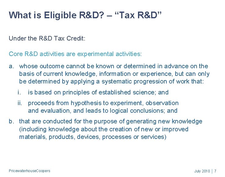 What is Eligible R&D? – “Tax R&D” Under the R&D Tax Credit: Core R&D