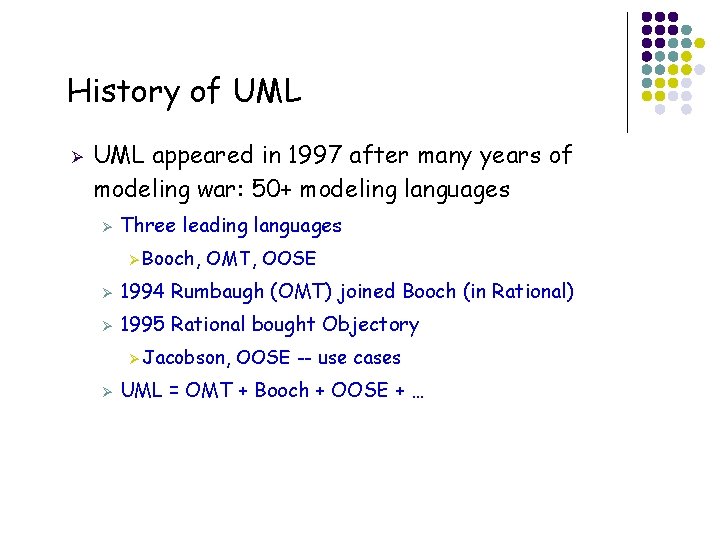 History of UML Ø UML appeared in 1997 after many years of modeling war: